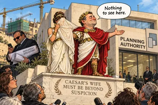 Cartoon: a Caesar figure outside the Planning Authority says Nothing to see here, beside a veiled woman and a plinth reading Caesar’s wife must be beyond suspicion