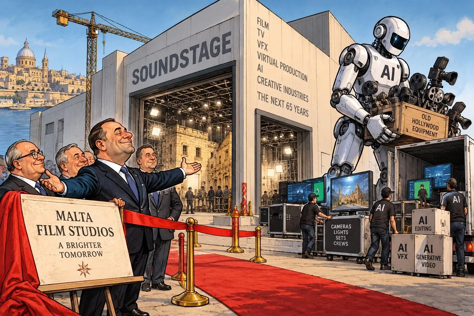 Cartoon: officials unveil the Malta Film Studios plaque while a giant AI robot carries old Hollywood equipment away